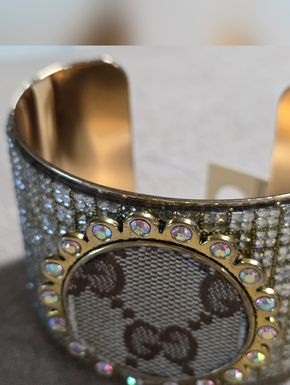 Large Beautiful Designer Inspired Rhinestone Gold Cuff Bracelet - Picture 7 of 7
